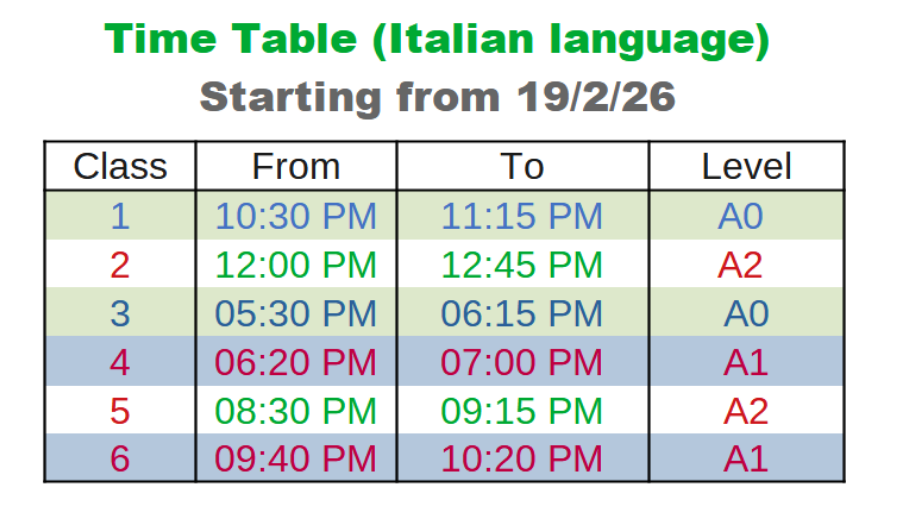 Language Class time table