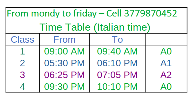 Language Class time table